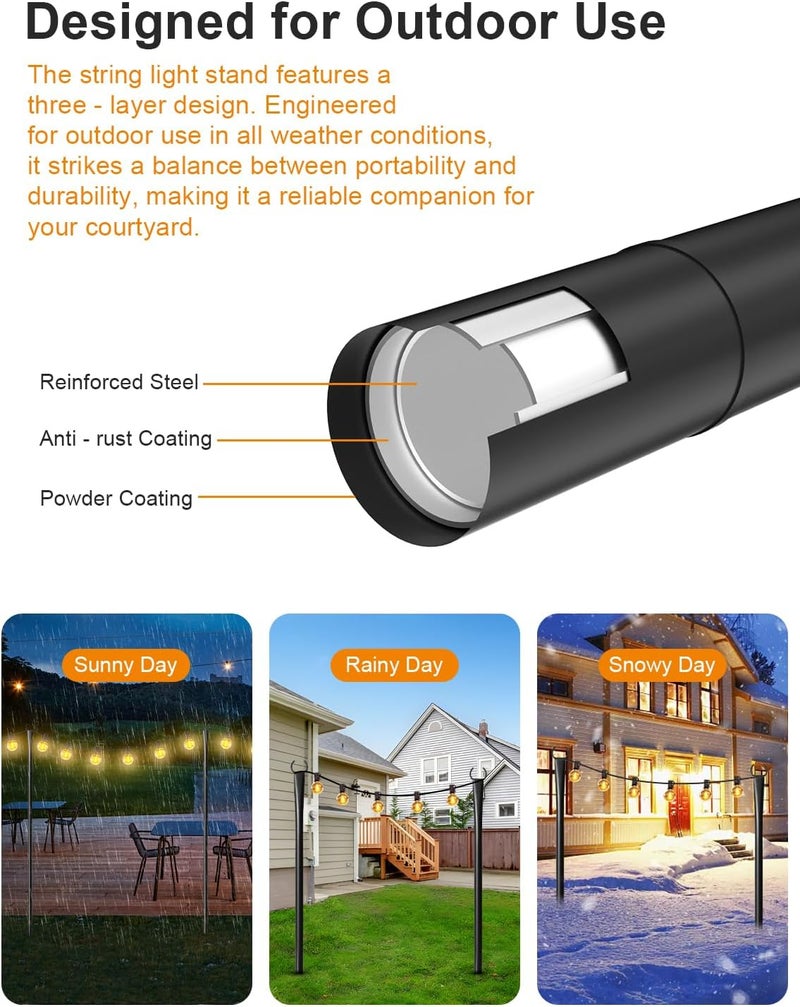 Fussion 2 Pack String Light Poles for Outside, Thickened Metal Lights Hanger Pole Outdoor with Fork, Lighting Hanging Post Accessories for Patio Decor Garden Backyard Yard Front Porch Outside Decorations - Image 5